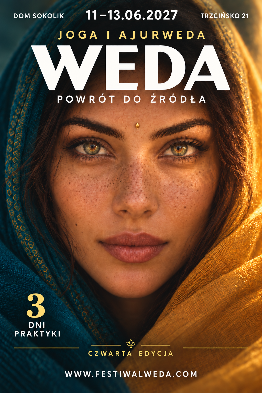 Plakat WEDA 2027: centralny portret kobiety w tealu i złocie, 11–13 czerwca 2027, Dom Sokolik, 3 dni praktyki, czwarta edycja